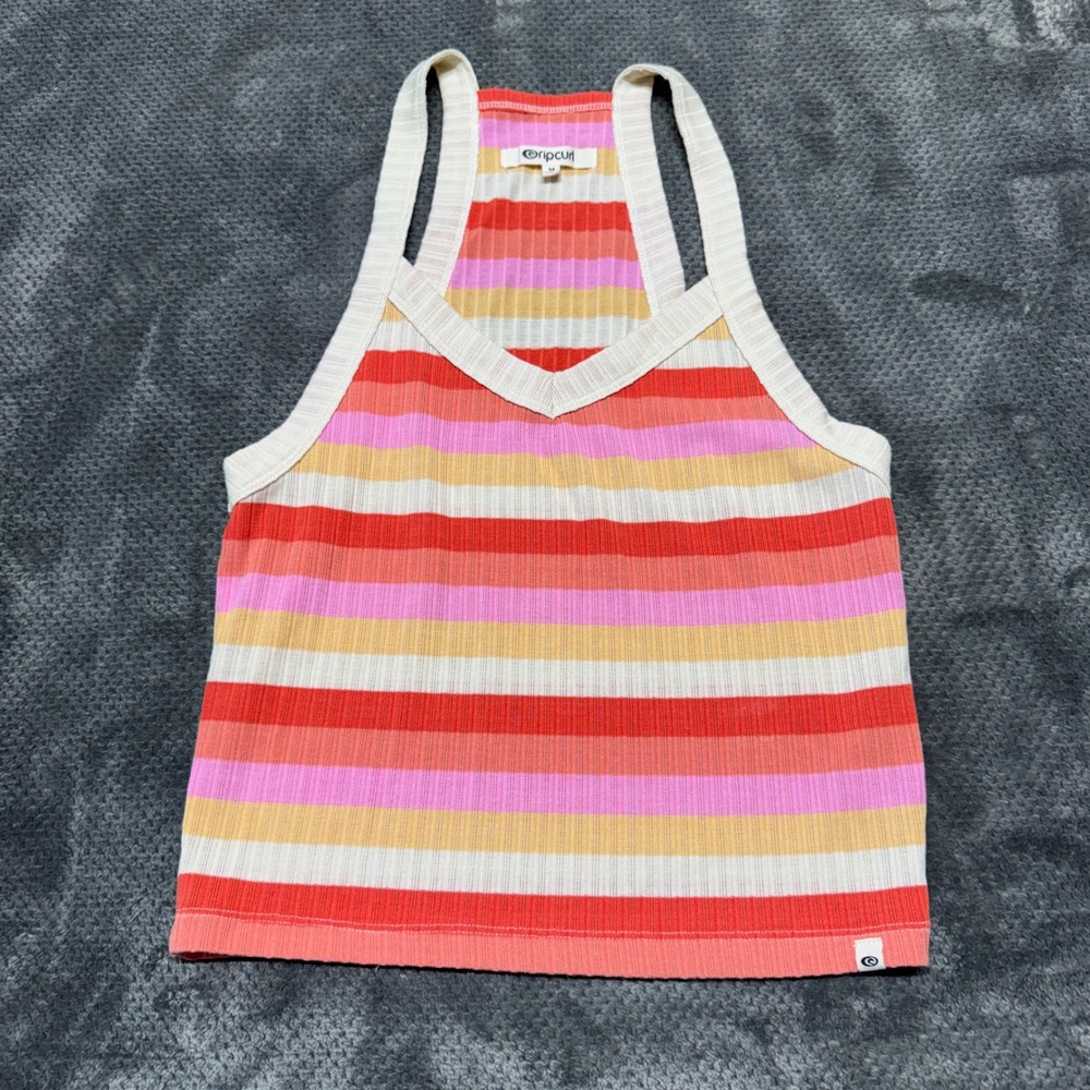 Rip Curl Womens Ribbed Knit Striped Racerback Tank Top V-Neck Pink Orange Medium